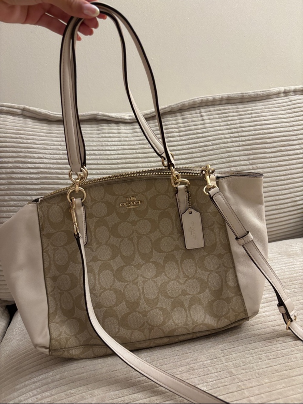 Coach Signature Canvas Shoulder Bag in Beige and Cream